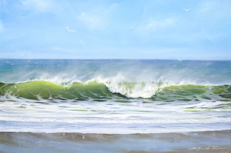 Archival giclee prints on paper of a summer scene on the shore featuring a rolling wave breaking on the beach. 