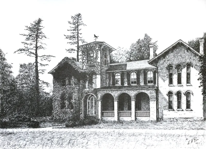 Intricate pen & ink drawing of the Gov. William H. Ross mansion in Seaford, Delaware.