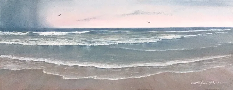 Pastel painting of a storm heading out to sea by soft morning light.