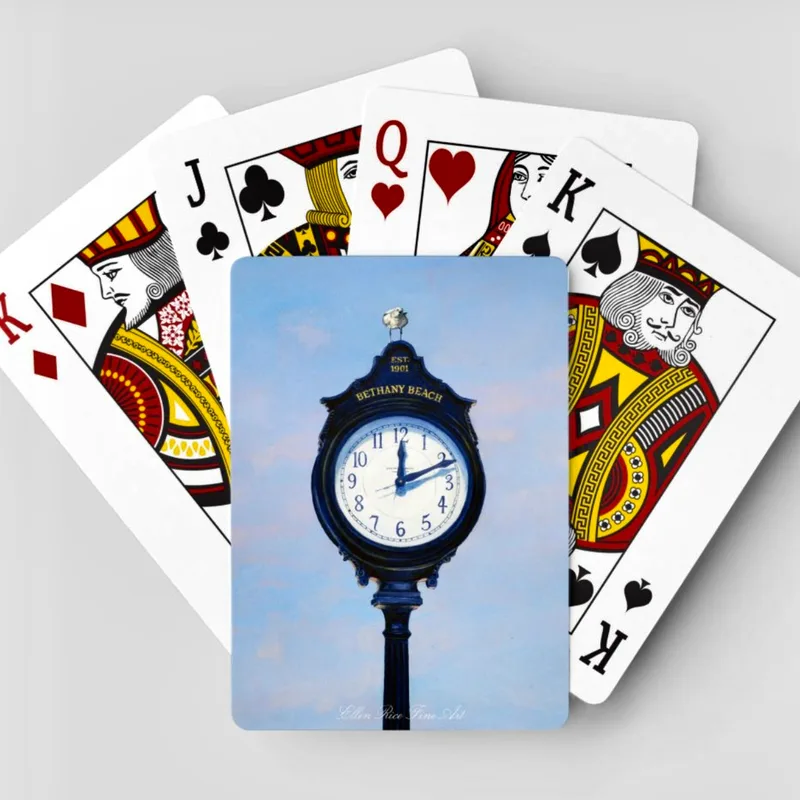 Playing cards with painting of Bethany Beach clock and seagull called Watchbird.