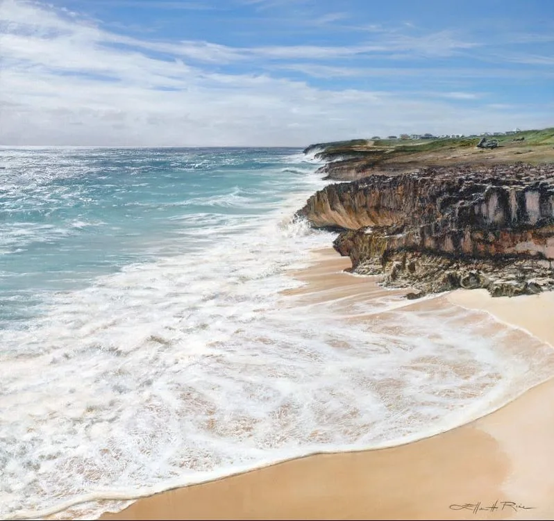 Sea Glass Beach on Abaco Island, the Bahamas. comes alive in Ellen Rice's painting by that name.