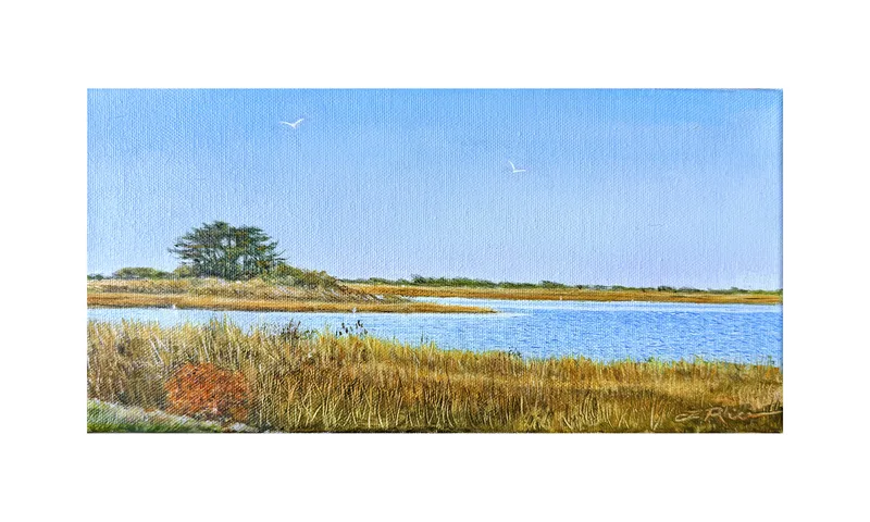 Oil painting of a serene view across marsh and bay, the grasses gold against the blues reflected in the water and the brilliant blue sky.