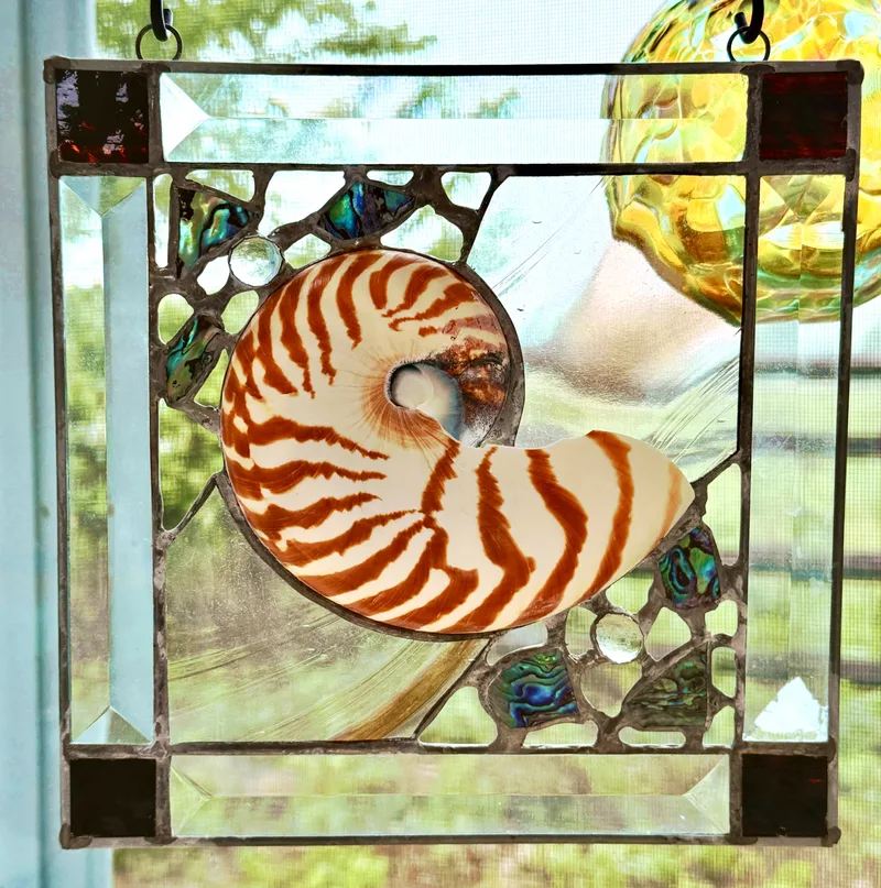 Chiara Reading stained glass with nautilus shell