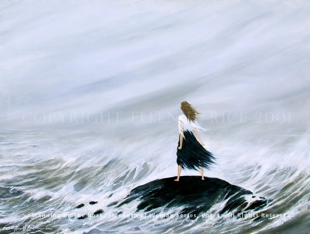Painting of a woman standing strong on a slippery rock facing into raging storms in the middle of the ocean.