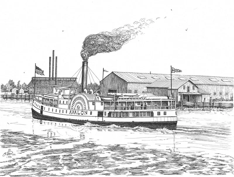 Pen & Ink drawing of The Avalon steamboat arriving in the Town of Seaford at the turn of the last century.