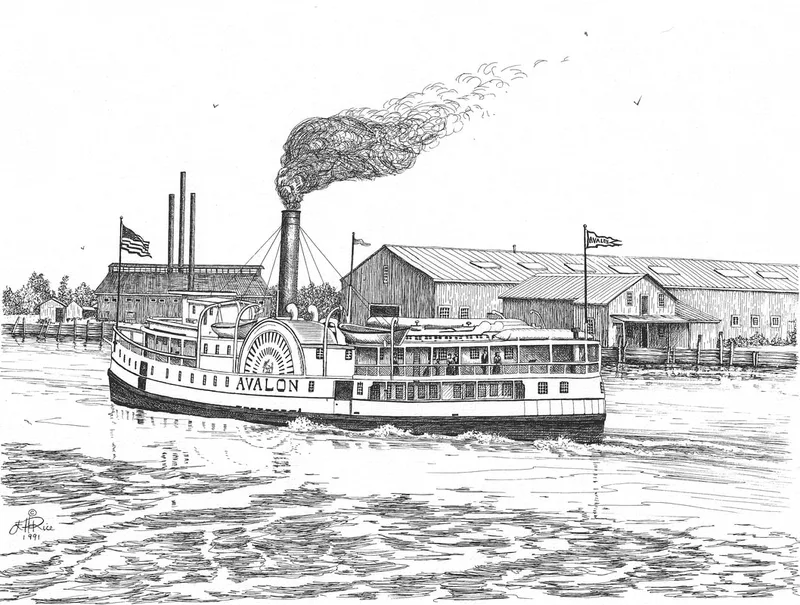 Pen & ink of a steamboat arriving at the Town of Seaford on the Nanticoke River in Southern Delaware.
