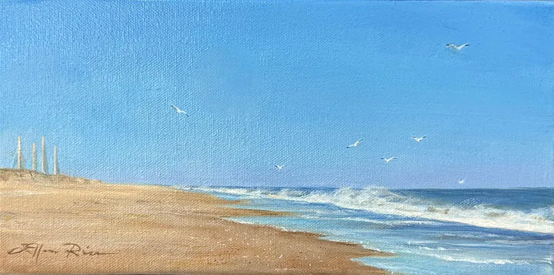 Sea gulls fly low over Indian Rive Inlet's south shore surf indicating fish are biting in this painting.