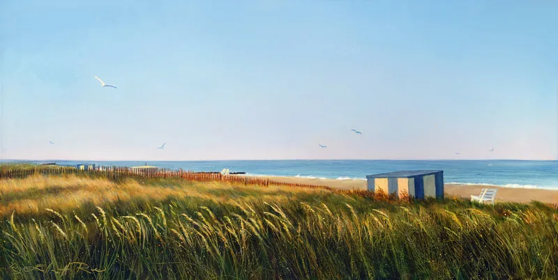 A lowering late afternoon sun sends golden light across sea grasses, bouncing off a beach umbrella shed and a lifeguard stand in this painting.