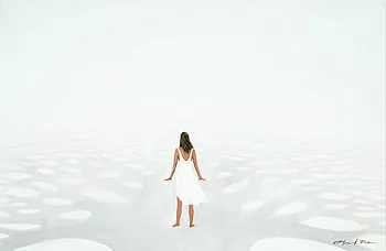 Painting of a woman standing undecided on a path with many branches,. It is Tree of Life. seen when standing at a distance.