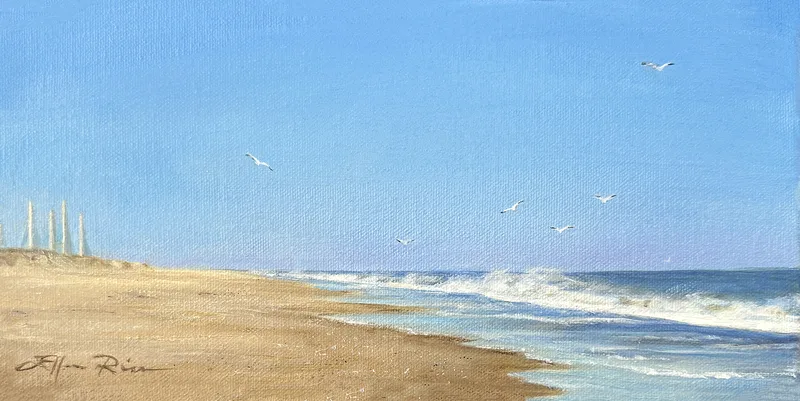 Oil painting of a peaceful beach scene in the Mid-Atlantic with seagulls soaring over the shore, indicating that the fish are biting.