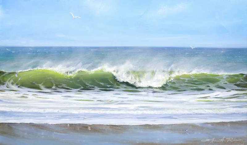An oil painting of a dynamic ocean wave cresting and breaking as a strong offshore wind blows spray backward from its peak. Light filters through the translucent shades of green and brownish-green water near the shore, transitioning to a dark blue color farther out under a hazy, mist-filled sky.
