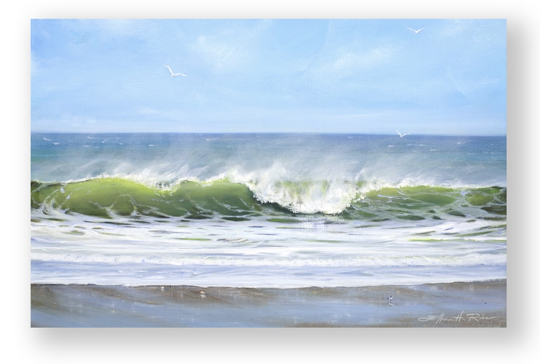 An oil painting of a dynamic ocean wave cresting and breaking as a strong offshore wind blows spray backward from its peak. Light filters through the translucent shades of green and brownish-green water near the shore, transitioning to a dark blue color farther out under a hazy, mist-filled sky.