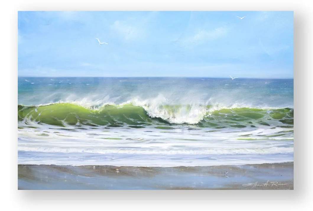 An oil painting of a dynamic ocean wave cresting and breaking as a strong offshore wind blows spray backward from its peak. Light filters through the translucent shades of green and brownish-green water near the shore, transitioning to a dark blue color farther out under a hazy, mist-filled sky.