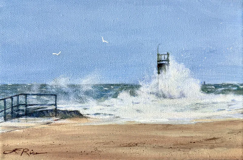 Sea foam crashes over jetty tower during rocky seas in this painting by Ellen Rice.