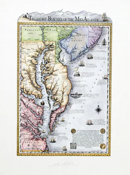 This is an faithful historic pen, ink, and watercolor map of authentic history, including shipwrecks from the 1600s through the 1800s, including a depiction of the Chincoteague Ponies swimming ashore from a sinking Spanish galleon.