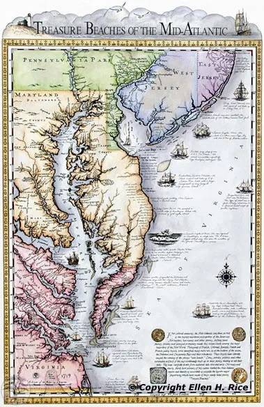 Historically accurate map of the mid-Atlantic coast showing known shipwrecks drawn and painted by Ellen Rice.