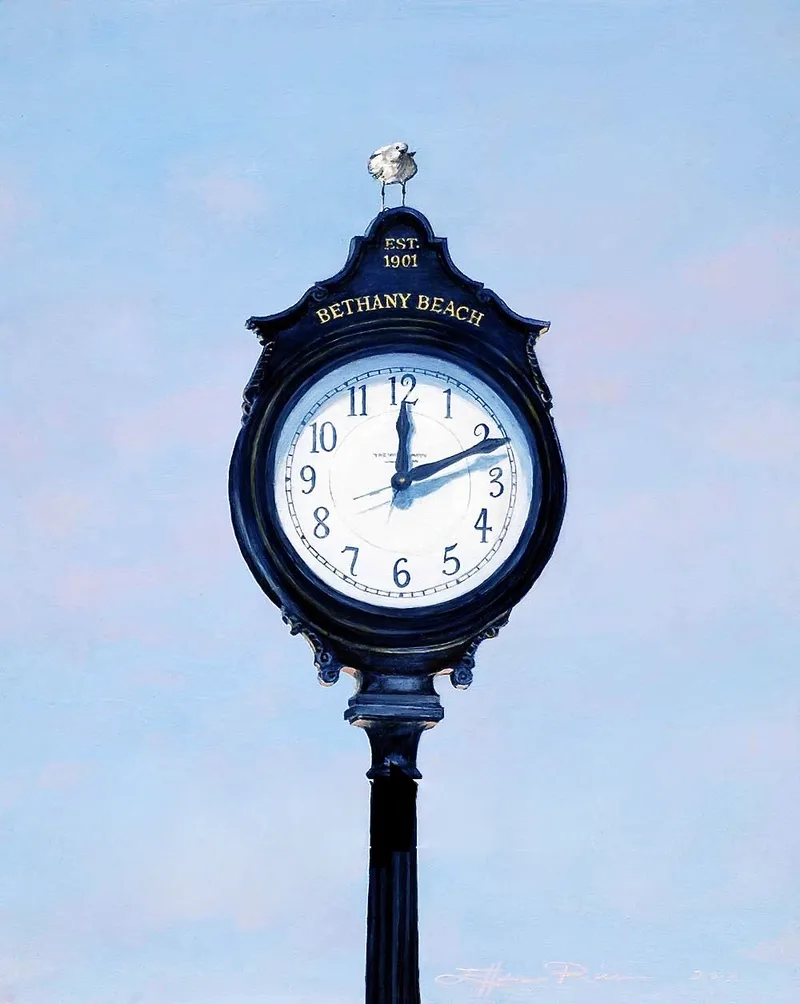 A hungry seagull sits atop the town clock of Bethany Beach, Delaware, as it waits for the next French fry to come along.