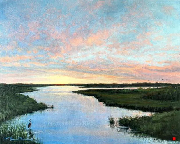 Ellen Rice oil painting of a radiant sunset over a bay tributary with Great Blue Heron in the marshy shallows.
